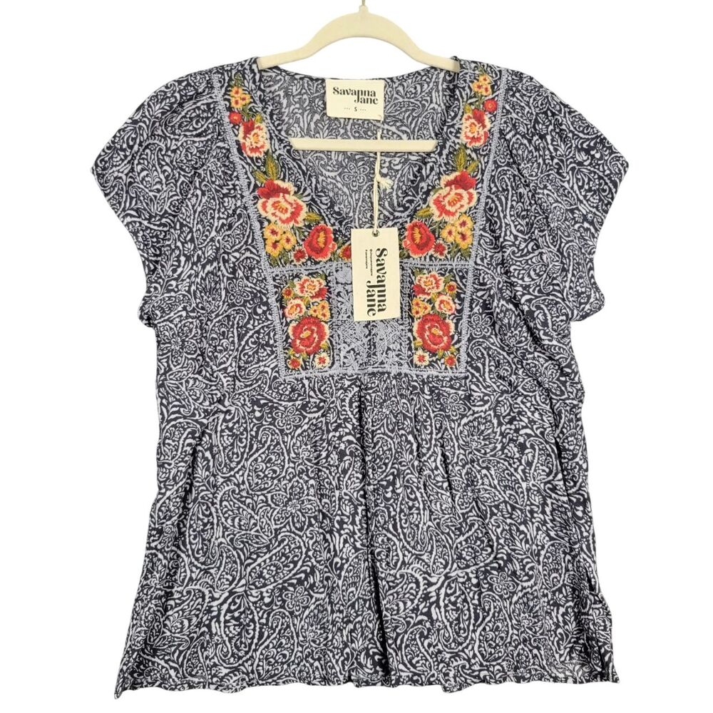NWT SAVANNA JANE Blue Paisley Floral Embroidered Feiminine Boho Top SIZE SMALL